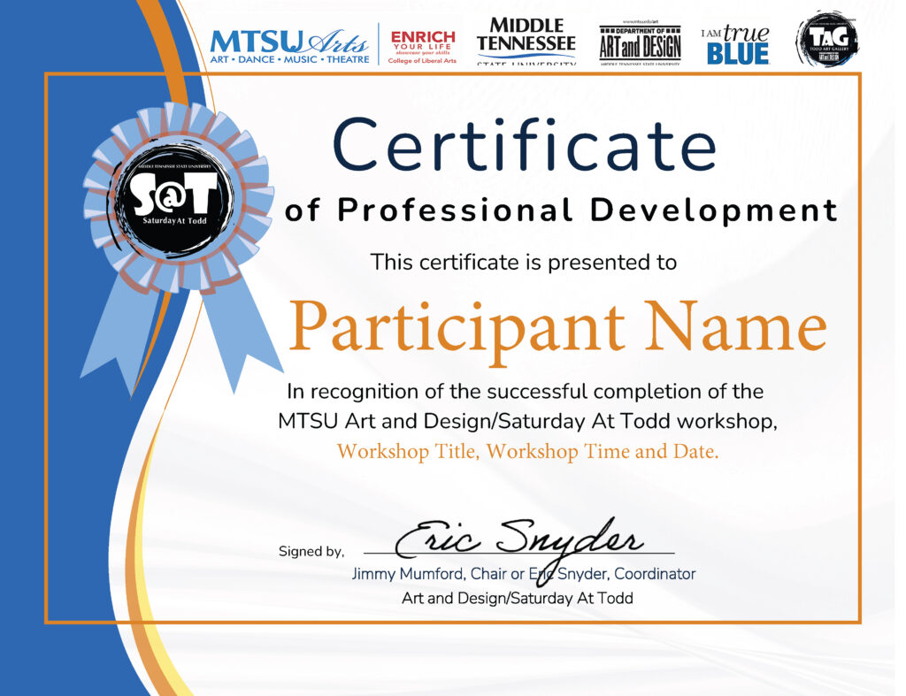 Sample Saturdays At Todd Professional Development Certificate featuring MTSU Arts and Todd Art Gallery branding.