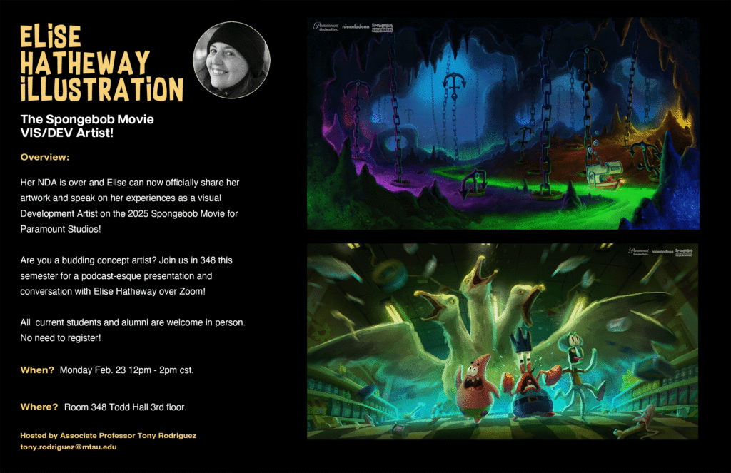 Promotional graphic for a visiting artist talk by illustrator Elise Hatheway, featuring her portrait, event details, and two colorful concept art scenes from The SpongeBob Movie showing stylized underwater environments and characters.