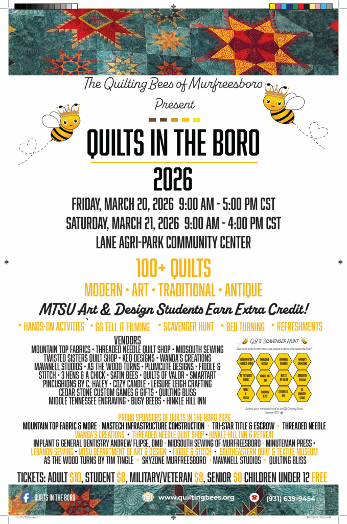 Promotional poster for Quilts in the Boro 2026, a two-day quilt exhibition presented by the Quilting Bees of Murfreesboro, held March 20–21, 2026 at the Lane Agri-Park Community Center, featuring more than 100 modern, art, traditional, and antique quilts.