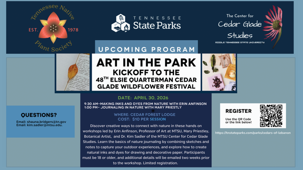 Promotional flyer for an upcoming program titled “Art in the Park,” a kickoff event for the 48th Elsie Quarterman Cedar Glade Wildflower Festival. The design features logos for the Tennessee Native Plant Society, Tennessee State Parks, and the Center for Cedar Glade Studies at Middle Tennessee State University. The event takes place April 30, 2026, at Cedar Forest Lodge. Two sessions are listed: “Making Inks and Dyes from Nature” at 9:30 a.m. with Erin Anfinson, and “Journaling in Nature” at 1:00 p.m. with Mary Priestley. The cost is $10 per session. A description highlights hands-on workshops connecting art and nature through journaling and natural dye-making. A QR code and registration link are included on the right, and contact emails appear on the left. The background uses blue tones with botanical imagery, including flowers, leaves, and natural materials.