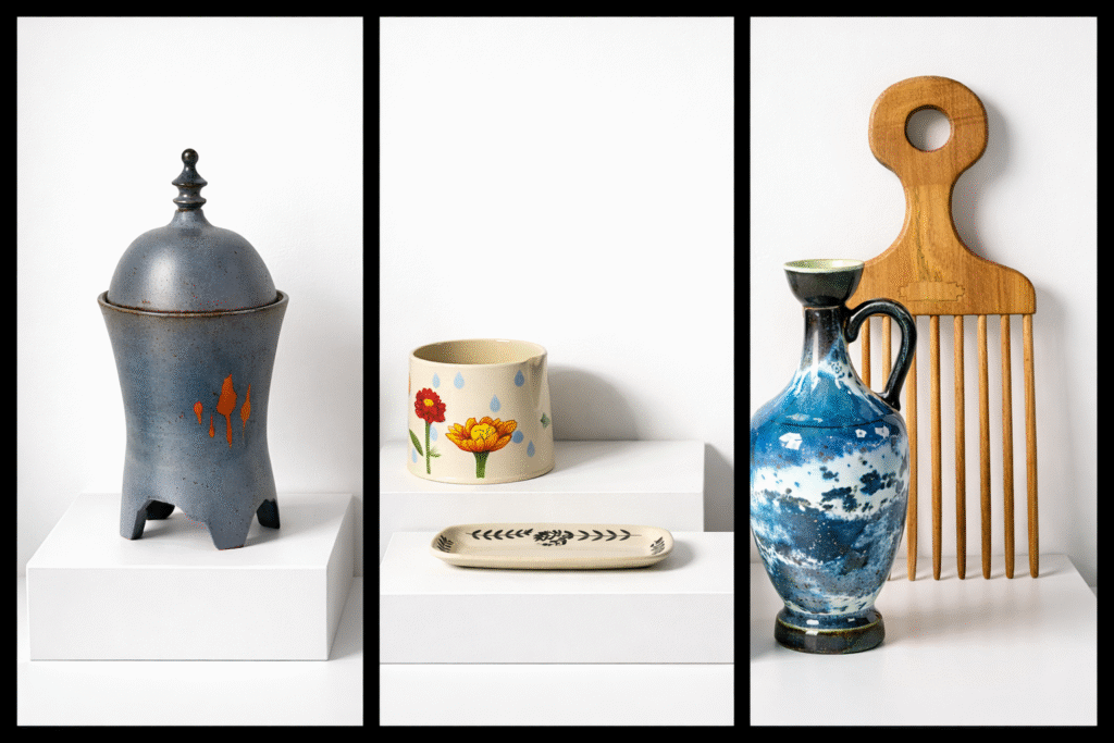 Tennessee Craft Foundation Exhibition in Todd Art Gallery, Room 210, featuring works left to right: Two-Sided Focus by Elizabeth Phillips, Zinnia Pitcher by Kaitlin Savage, and in the foreground Oceanus Lykethos by Jacob Nuss with Inheritance by Isaac Snyder in the background.