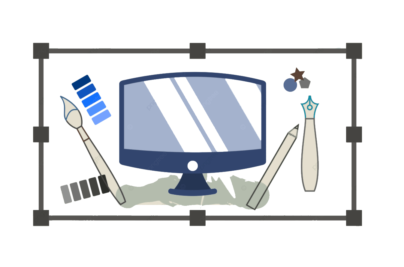 Image of blue, black, white, and tan with a variety of implements; brushes, pencil, monitor to denote the variety of scholarships and awards available through the MTSU Department of Art and Design. 