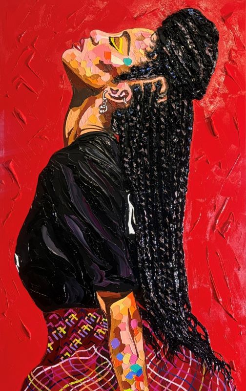 Beauty & Braids by James Threalkill
Colorful contemporary portrait painting of a woman with long braided hair posed against a vivid red textured background. Her head tilts upward with eyes closed, while expressive palette-knife brushwork and mosaic-like color accents create a layered, energetic surface.