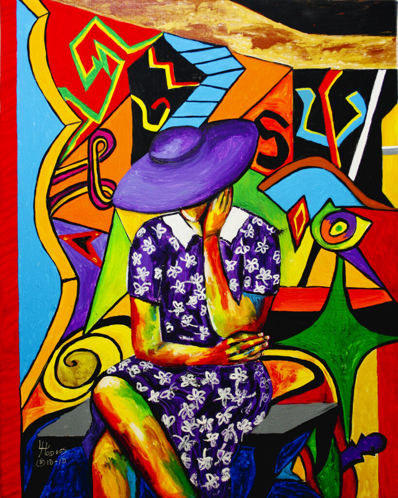 The Church Lady by Leroy Hodges
Bold, brightly colored figurative painting of a seated woman in a purple floral dress and wide-brimmed hat. The figure is surrounded by abstract geometric forms and vibrant contrasting colors including red, yellow, green, blue, and orange, giving the composition a lively, expressive atmosphere.