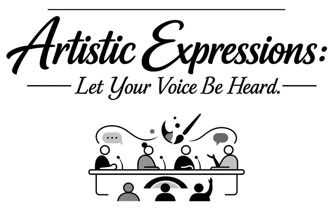 Artistic Expressions: Let Your Voice Be Heard graphic featuring a stylized illustration of four panelists in conversation before an audience, representing the exhibition’s two-panel special event.
