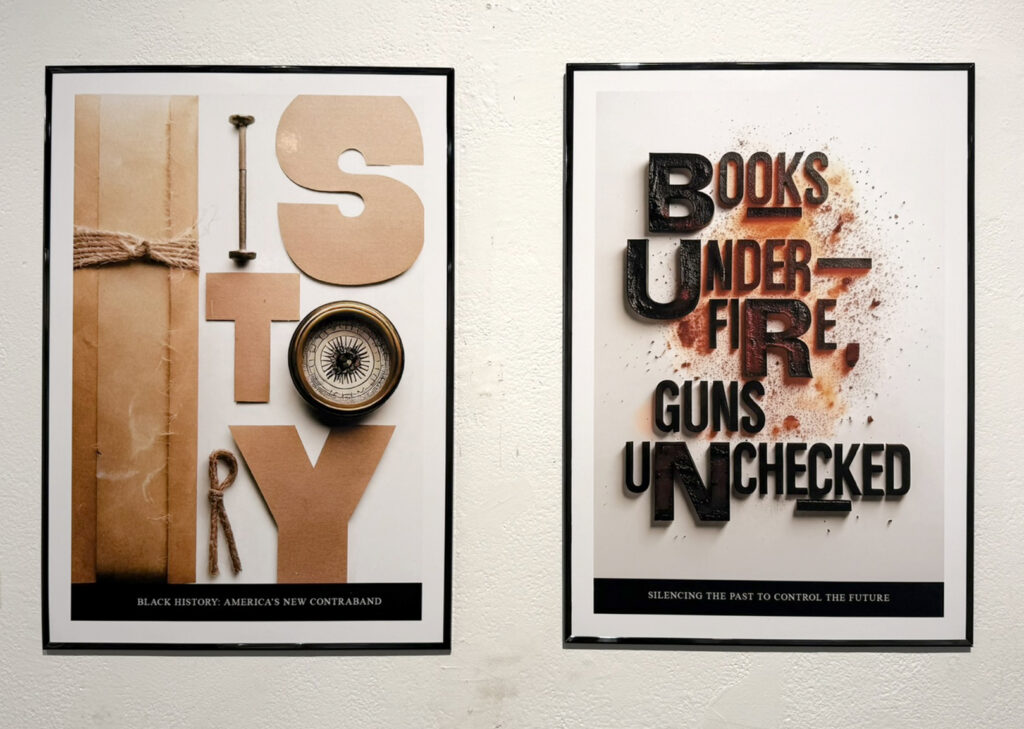 Two framed conceptual artworks: one spells “HISTORY” around a bound package and compass with the phrase “Black History: America’s New Contraband,” while the other reads “Books Under Fire, Guns Unchecked” above “Silencing the Past to Control the Future.”