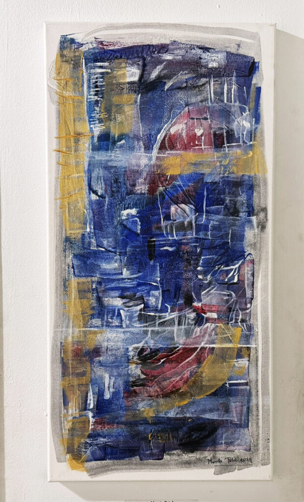 Vertical abstract painting dominated by layered blue, white, mustard yellow, burgundy, and black brushstrokes, lines, and partially defined geometric forms.