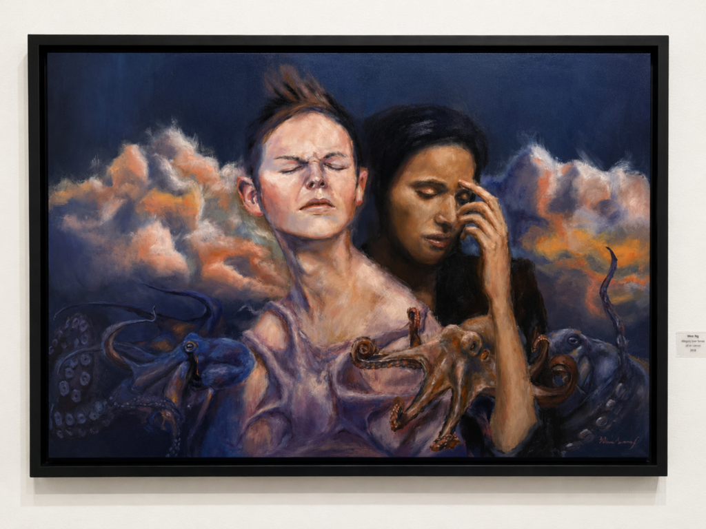 Framed figurative painting showing two somber figures emerging from a dramatic cloud-filled setting, surrounded by octopus-like forms and small animal figures in dark blue, purple, and warm orange tones.