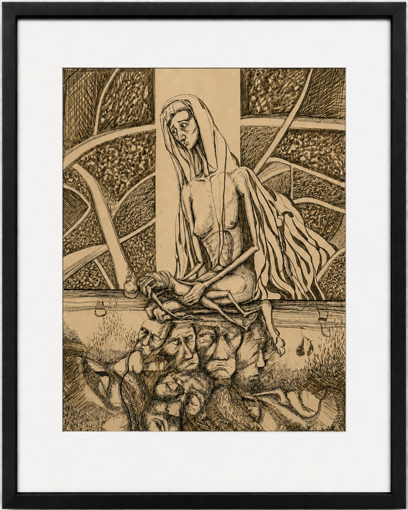 Framed sepia-toned pen-and-ink drawing of a gaunt, draped figure seated above a dense composition of intertwined faces, figures, and organic forms.