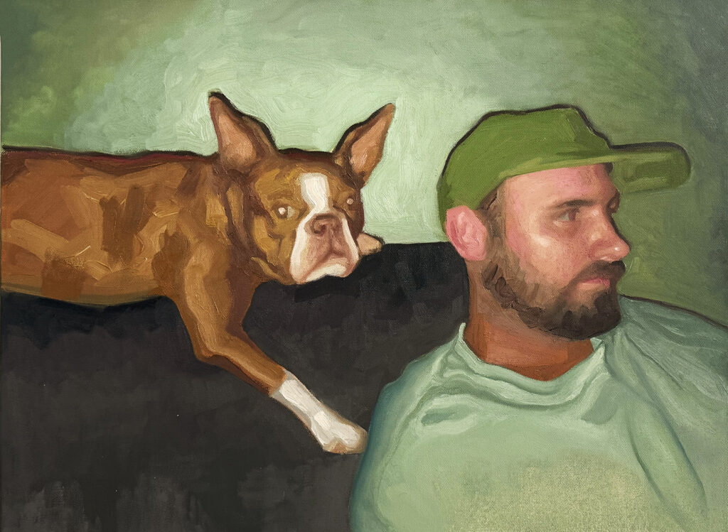 Painting of a brown-and-white dog resting behind a bearded man in a green cap and shirt as both gaze toward the right.