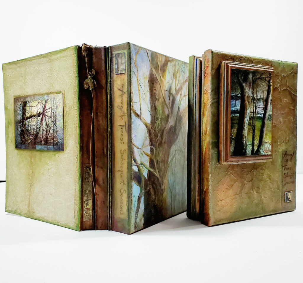 Linda L. Anderson, Codex Sylva: Open, folding artist book with textured covers, images of wooded landscapes, and a painted tree trunk spanning its central panels.