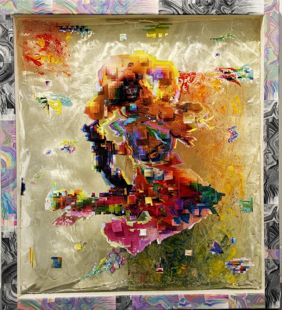 Colorful abstract mixed-media artwork featuring pixelated blocks, swirling marbled patterns, translucent surfaces, and vivid red, orange, pink, green, and blue forms.