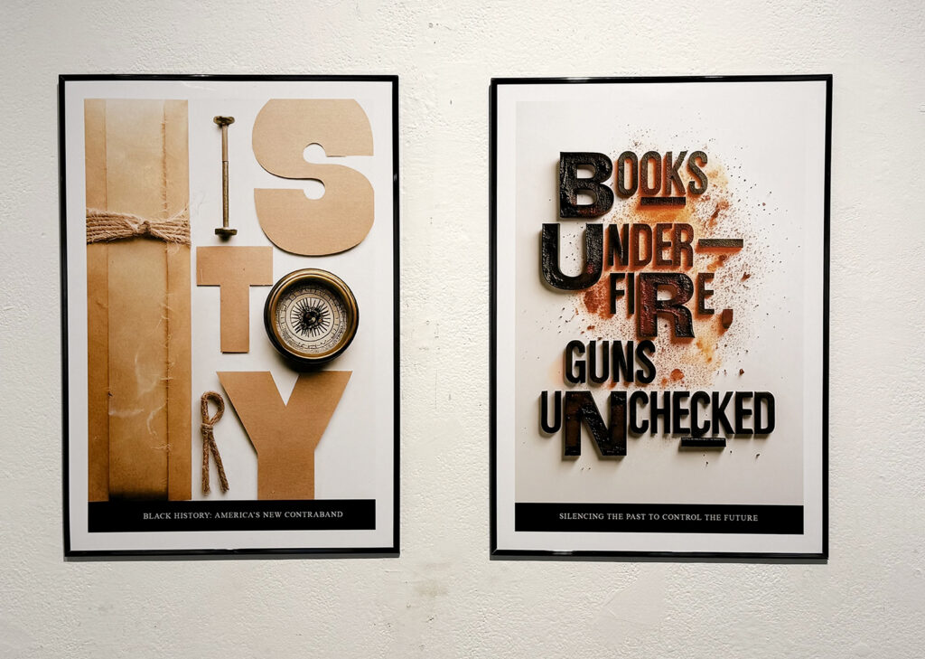 Two framed posters addressing the suppression of Black history. The first spells “HISTORY” with paper, twine, a spindle, and a compass above the words “Black History: America’s New Contraband.” The second reads “Books Under Fire, Guns Unchecked” above “Silencing the Past to Control the Future.”