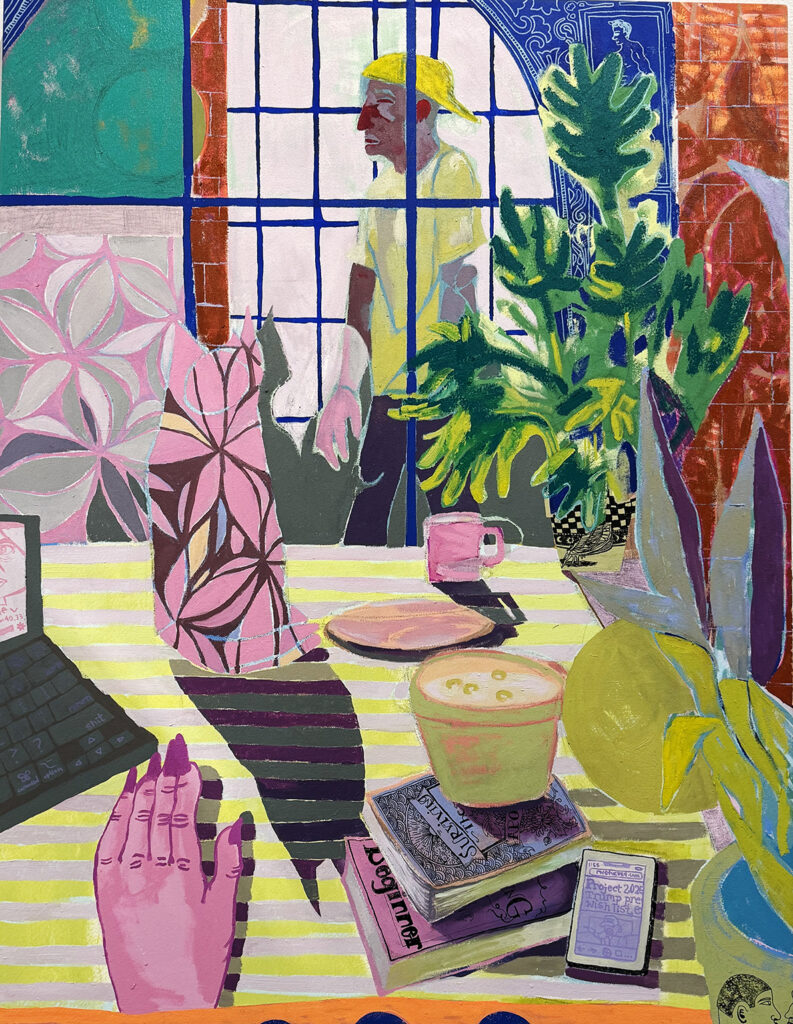 Vibrant painting of a plant-filled interior workspace with a laptop, books, phone, coffee mug, patterned objects, and a figure walking beyond a gridded window.