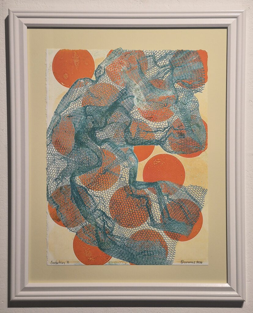 Contortion: Abstract print featuring tangled teal mesh-like forms twisting across overlapping orange circles on a pale yellow background, displayed in a white frame.