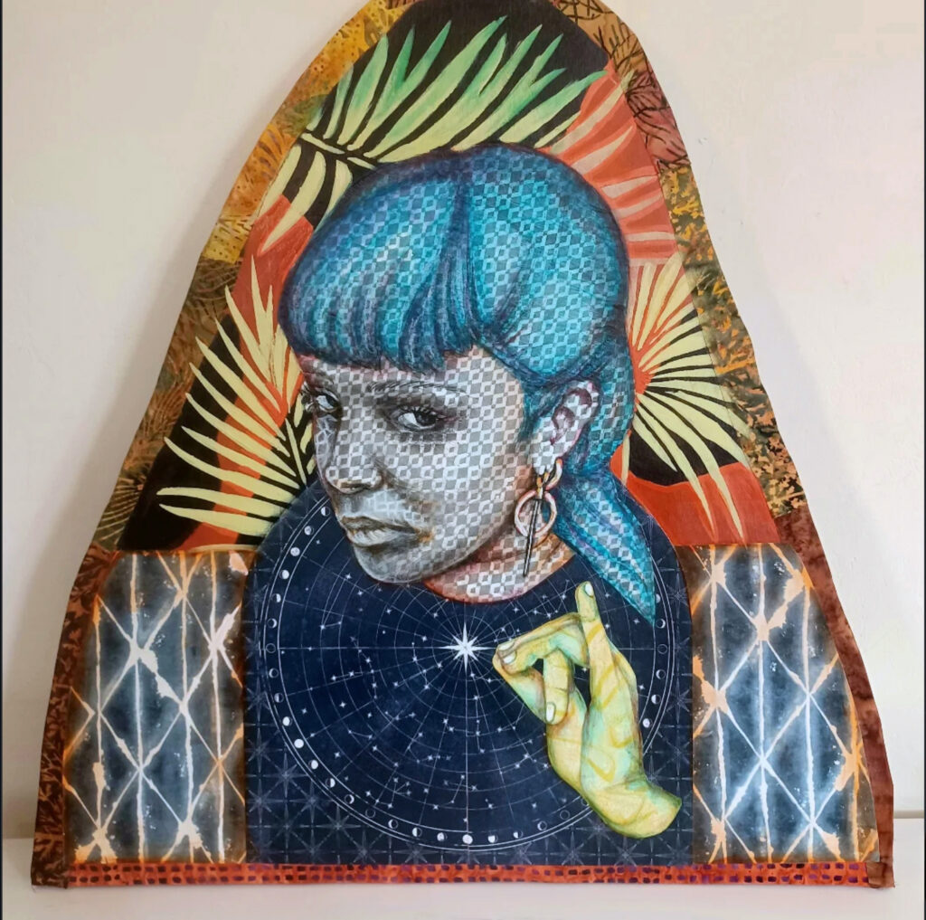 Carolyn King, Bearing Witness; Holding the Light: Portrait of a woman with blue hair and a patterned face, holding one hand before a star-filled circle. Palm leaves and warm orange shapes frame her.