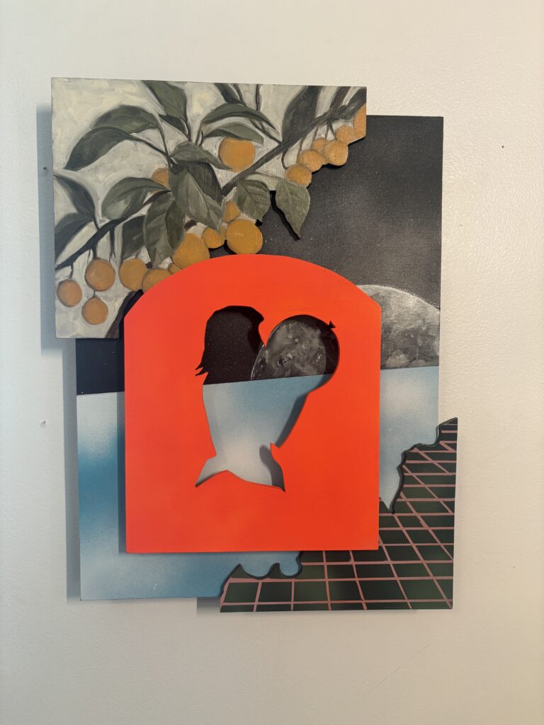 Melissa Newman’s Less Than Or Equal To, a layered, shaped-panel painting featuring a vivid red-orange arch framing two dark birds above a pale inverted silhouette, set against leafy fruit branches, blue-gray geometric forms, and a pink grid.
