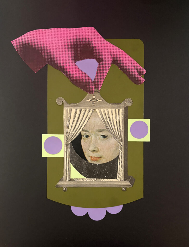 Melissa Newman artwork displayed at Chattanooga Airport, featuring a vintage child’s face framed by illustrated curtains, topped by a large pink halftone hand, with olive-green and lavender geometric forms against a black background.