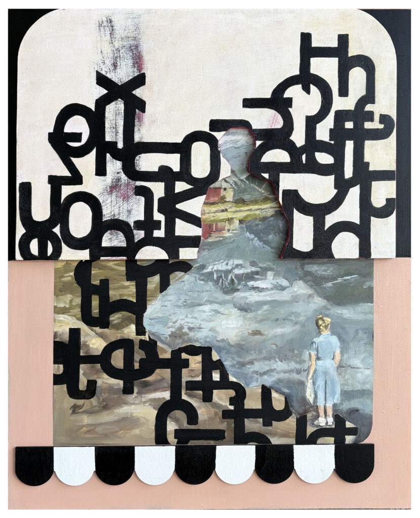 Melissa Newman’s Never Odd Or Even, a collage-like painting of a small woman confronting a large, ghostly seated figure amid overlapping black letterforms, muted blue-gray textures, and a scalloped black-and-white border.