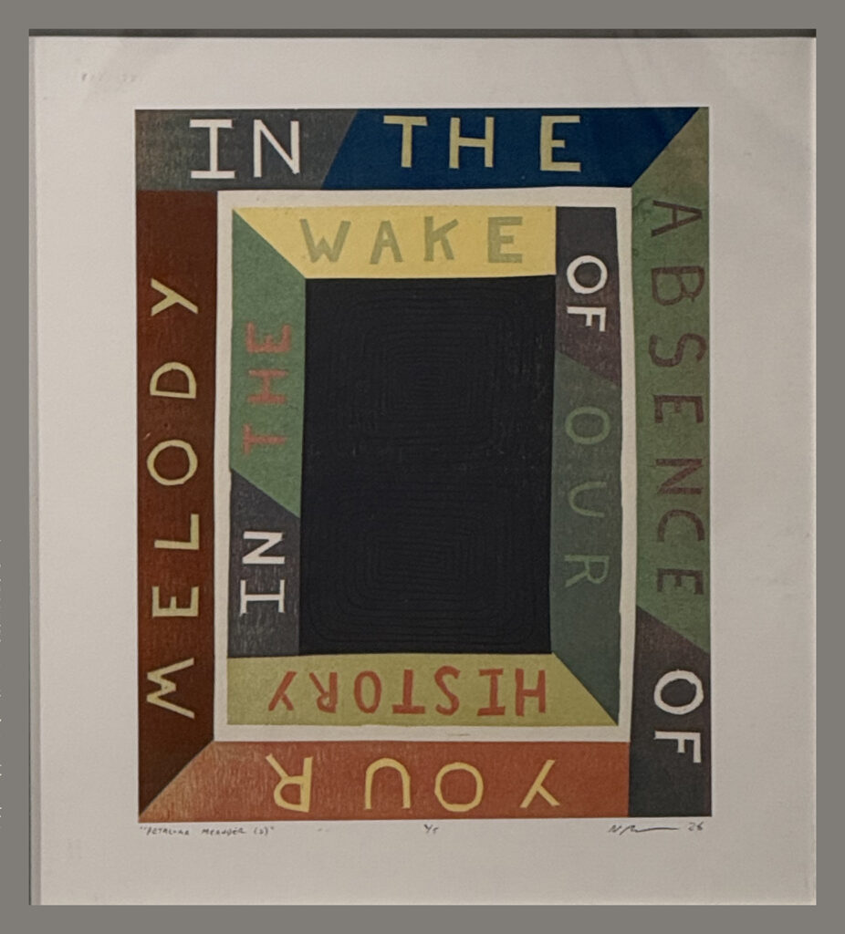 Geometric print of nested rectangular frames surrounding a dark center, with the phrase “In the wake of your absence, the history of melody” arranged around the composition.