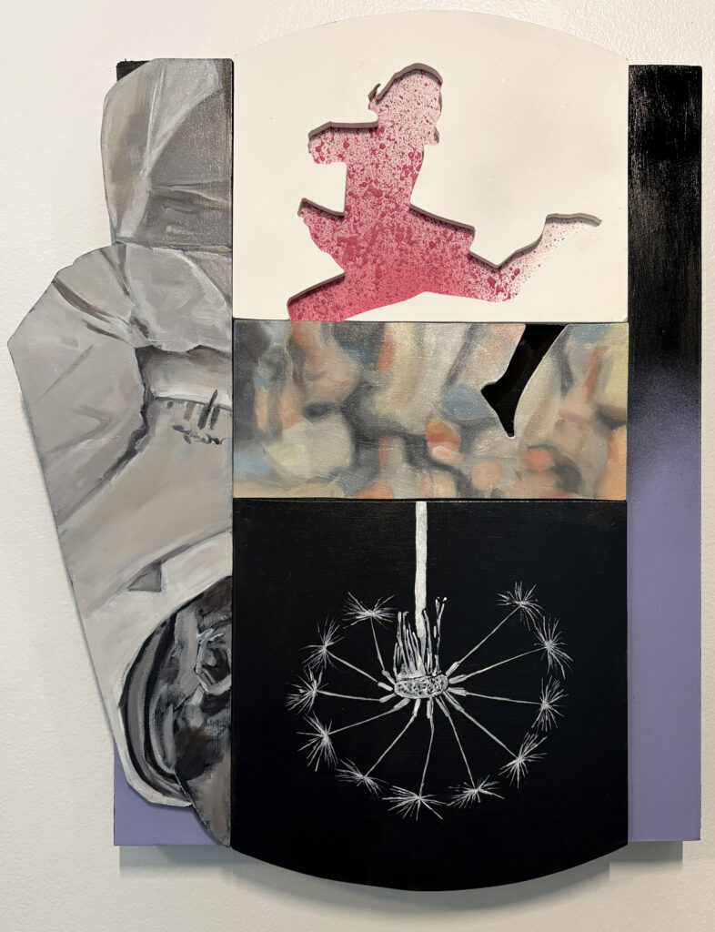 Melissa Newman’s Over It, a layered, shaped-panel painting combining a pink silhouette of a leaping figure, a cropped grayscale figure, blurred floral imagery, and a white dandelion-like form against black, white, and lavender geometric sections.