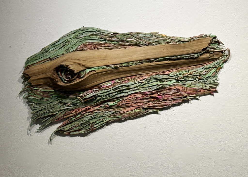 Jake Wells’ wall-mounted mixed-media artwork features layered, rippling strips of green, pink, and brown material surrounding a long, weathered piece of wood with a prominent knot.
