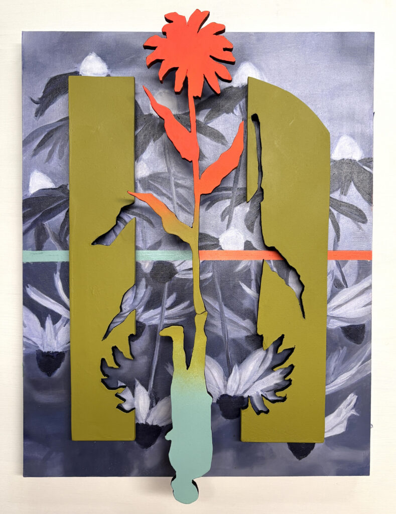 Melissa Newman’s Undercover, a layered painting featuring a vivid red-orange flower rising between two olive-green cutout panels, with an upside-down pale-blue figure extending below against a gray field of black-and-white flowers.