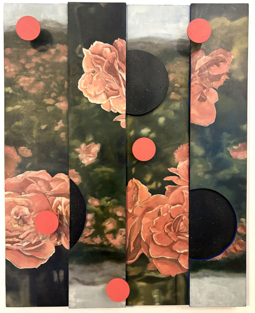 Melissa Newman’s Do Geese See God?, a four-panel painting of coral-pink roses in a hazy green garden, overlaid with contrasting black semicircles and bright coral-red dots.