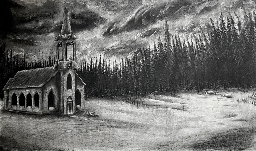 Sanctuary (2025), a charcoal drawing by Axel Saurez Garcia, depicts an isolated Gothic-style church with a tall bell tower beside an expansive clearing surrounded by dense evergreen forests. Dramatic, swirling storm clouds dominate the sky, creating an ominous atmosphere. Tiny human figures and distant vehicles emphasize the landscape’s vastness and the church’s isolation.